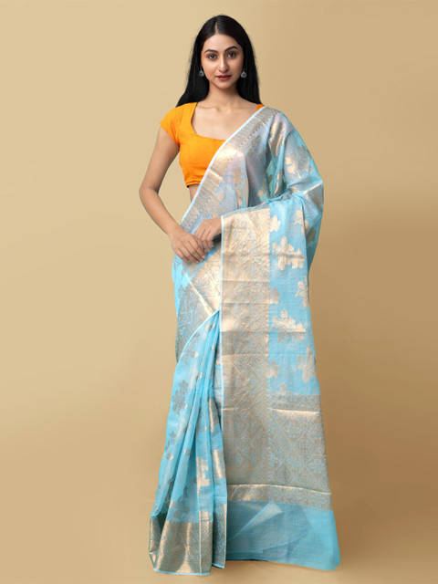 

Unnati Silks Women Blue & Gold-Toned Pure Kota Banarasi Saree