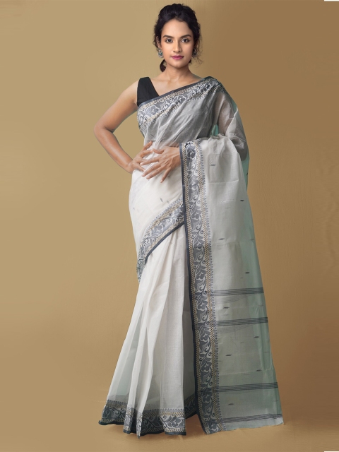 

Unnati Silks White & Black Woven Design Zari Pure Cotton Taant Handloom Saree