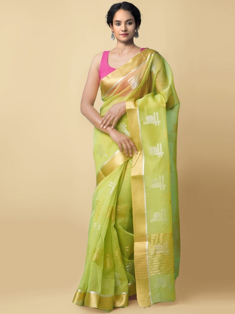 

Unnati Silks Green & Gold-Toned Woven Design Zari Silk Cotton Mysore Silk Saree