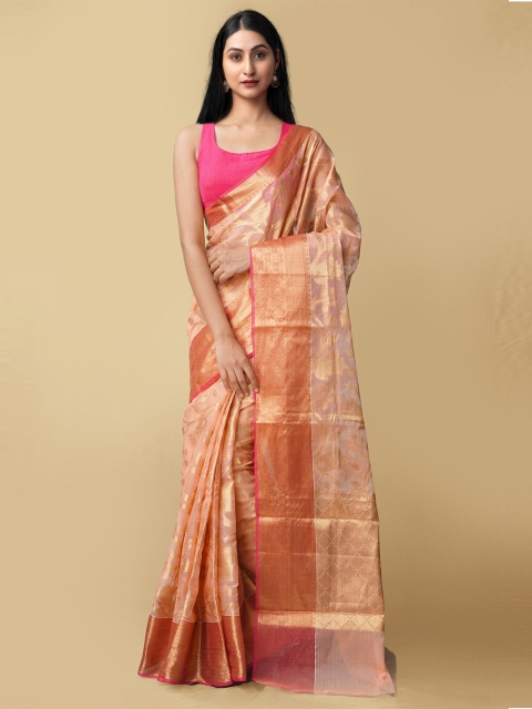 

Unnati Silks Peach-Coloured & Gold-Toned Woven Design Zari Silk Cotton Kota Saree