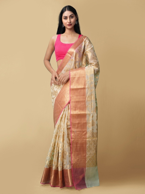 

Unnati Silks Pink & Gold-Toned Woven Design Zari Silk Cotton Kota Banarasi Saree