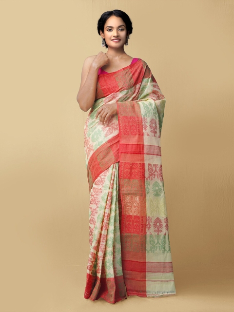 

Unnati Silks Cream-Coloured & Red Woven Design Pure Cotton Taant Saree