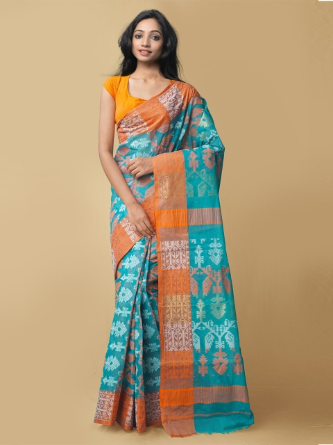 

Unnati Silks Green & Orange Ethnic Motifs Woven Design Pure Cotton Bengal Taant Saree