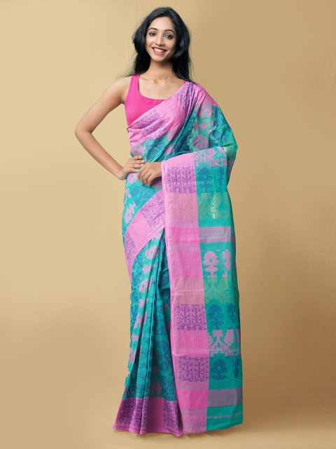 

Unnati Silks Green & Pink Woven Designed Pure Cotton Bengal Tant Cotton Saree