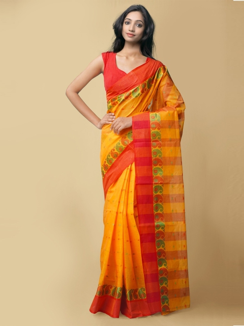 

Unnati Silks Orange & Yellow Paisley Taant Pure Cotton Saree