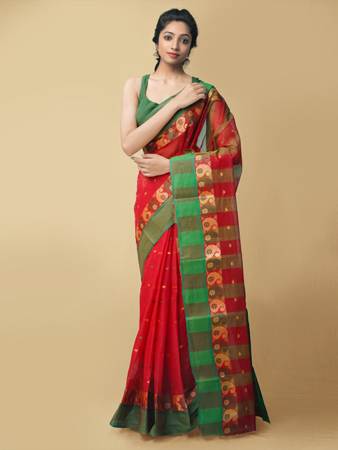 

Unnati Silks Red & Green Ethnic Motifs Pure Cotton Handloom Taant Saree