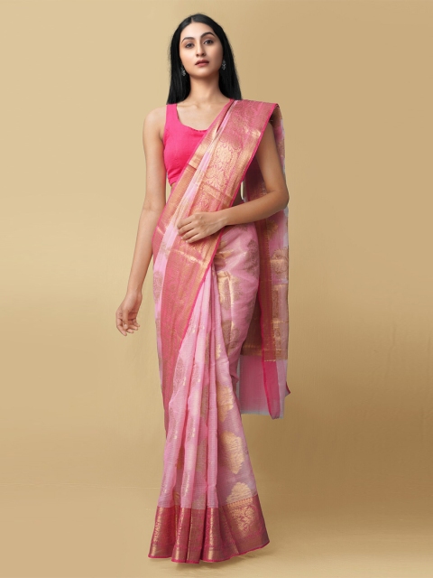 

Unnati Silks Pink & Gold Ethnic Motifs Zari Silk Cotton Kota Saree