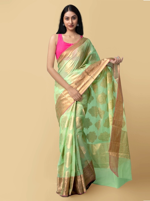 

Unnati Silks Women Green & Gold-Toned Pure Kota Banarasi Sustainable Saree