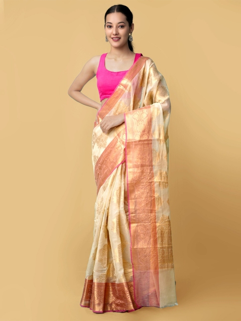 

Unnati Silks Cream-Coloured & Gold-Toned Woven Design Silk Cotton Kota Saree