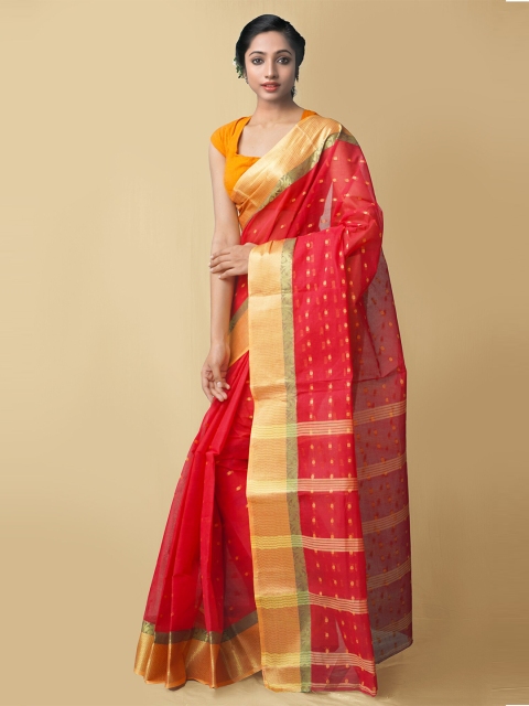 

Unnati Silks Red & Gold-Toned Ethnic Motifs Zari Pure Bengal Cotton Taant Saree