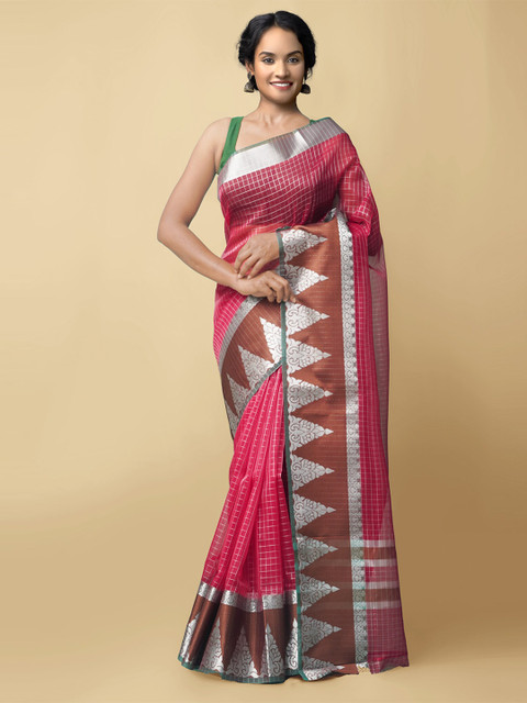 

Unnati Silks Red & Silver-Toned Woven Design Silk Cotton Mysore Silk Saree