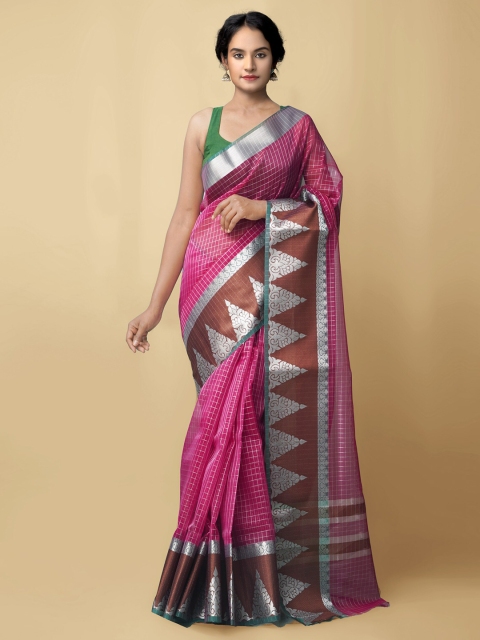 

Unnati Silks Pink & Brown Checked Zari Silk Cotton Mysore Silk Saree