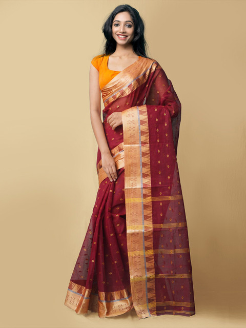

Unnati Silks Magenta & Mustard Zari Taant Pure Cotton Saree