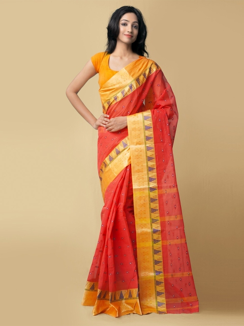 

Unnati Silks Women Red & Blue Pure Handloom Bengal Tant Cotton Sustainable Saree