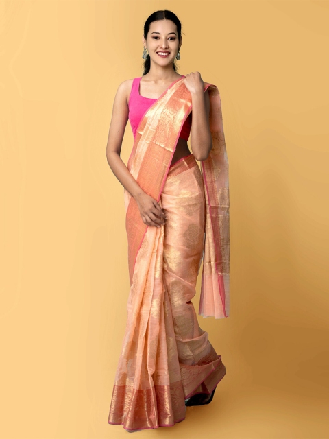 

Unnati Silks Women Peach-Coloured & Gold-Toned Pure Kota Banarasi Sustainable Saree