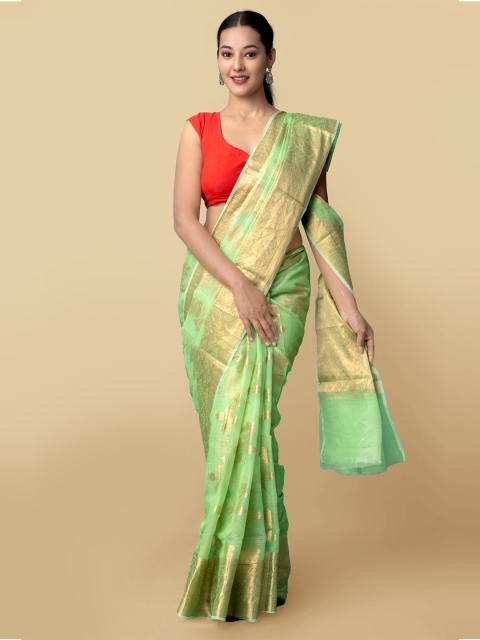 

Unnati Silks Women Green & Gold-Toned Pure Kota Banarasi Sustainable Saree