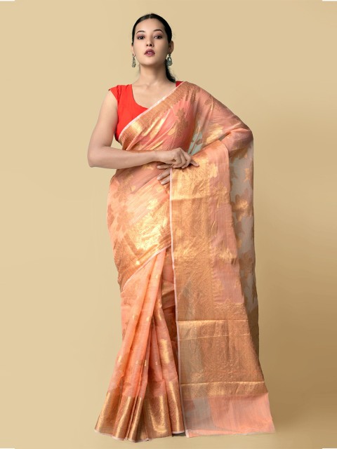 

Unnati Silks Women Peach-Coloured & Gold-Toned Pure Kota Banarasi Sustainable Saree