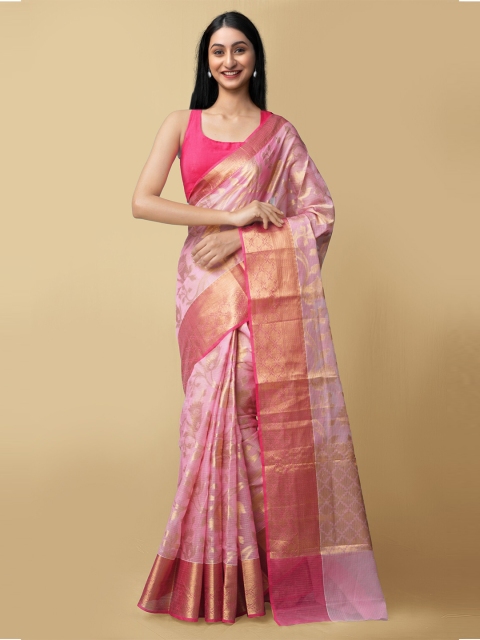 

Unnati Silks Pink & Gold-Toned Woven Design Zari Silk Cotton Kota Saree