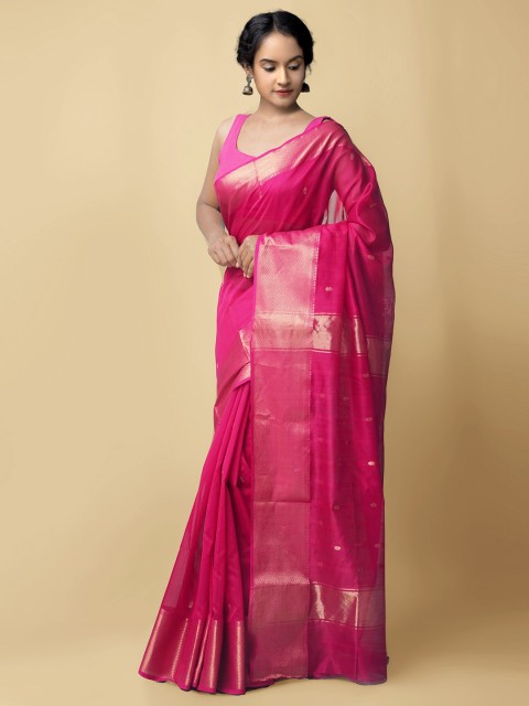 

Unnati Silks Pink & Gold-Toned Floral Zari Silk Cotton Maheshwari Saree