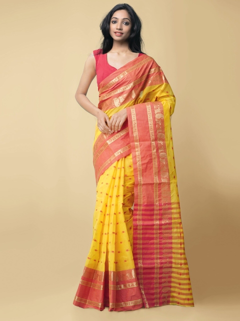 

Unnati Silks Yellow & Red Woven Design Pure Cotton Taant Saree