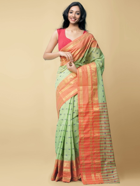 

Unnati Silks Green & Orange Ethnic Motifs Zari Pure Cotton Bengal Taant Saree