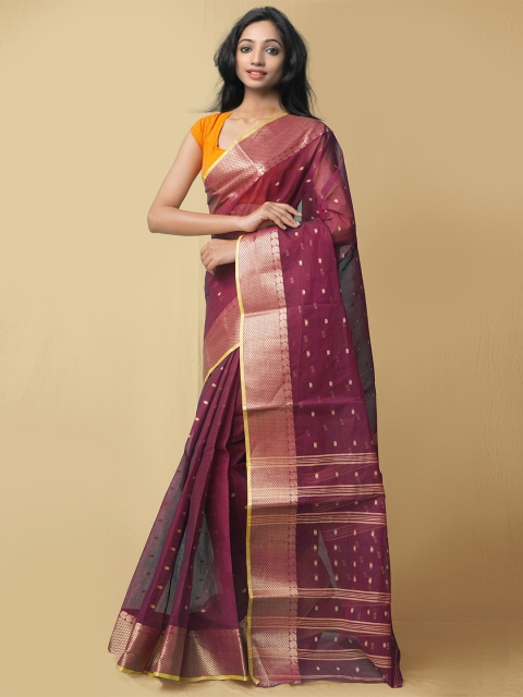 

Unnati Silks Women Burgundy Woven Design Bengal Tant Cotton Saree