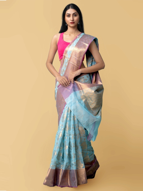 

Unnati Silks Blue & Pink Floral Zari Banarasi Kota Silk CottonSaree