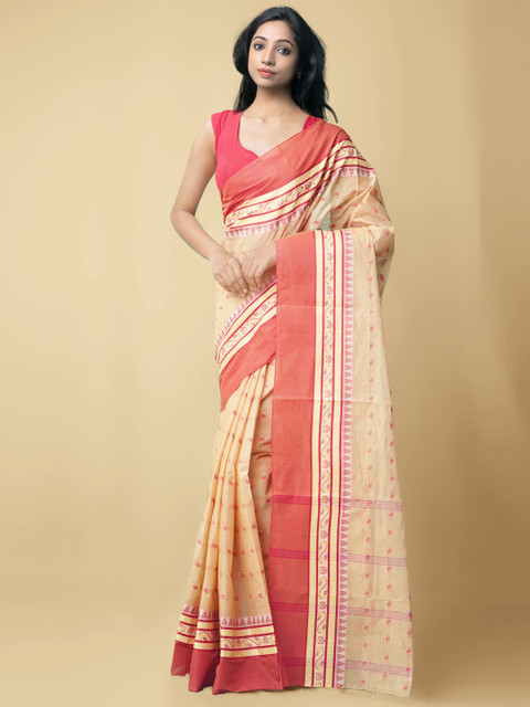 

Unnati Silks Women Beige & Red Pure Handloom Bengal Tant Cotton Sustainable Saree