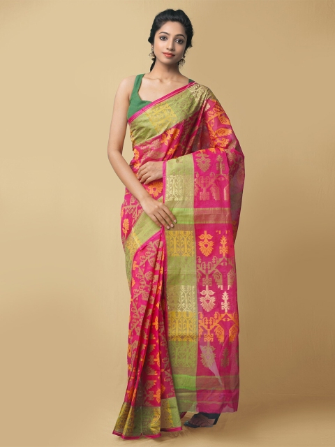

Unnati Silks Pink & Green Woven Design Pure Cotton Taant Saree
