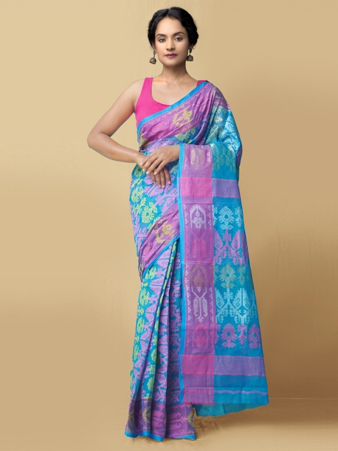 

Unnati Silks Blue & Green Woven Design Handloom Pure Cotton Taant Saree