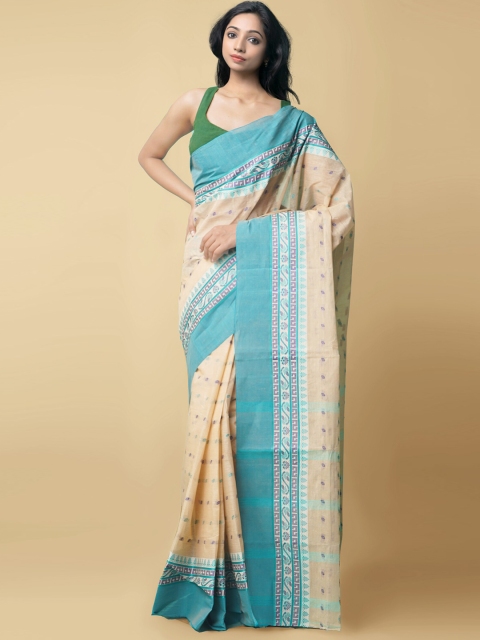 

Unnati Silks Beige & Blue Woven Design Pure Cotton Taant Saree