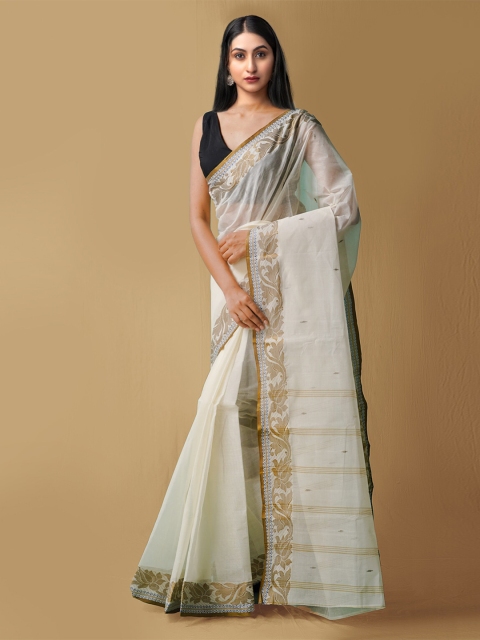 

Unnati Silks Cream-Coloured & Gold-Toned Woven Design Pure Cotton Taant Saree