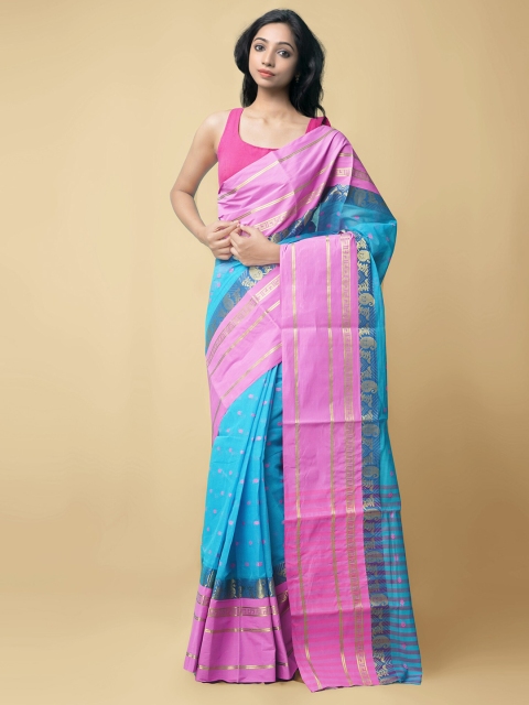 

Unnati Silks Blue & Pink Woven Design Pure Cotton Taant Saree