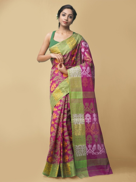 

Unnati Silks Pink & Green Woven Design Pure Cotton Taant Saree