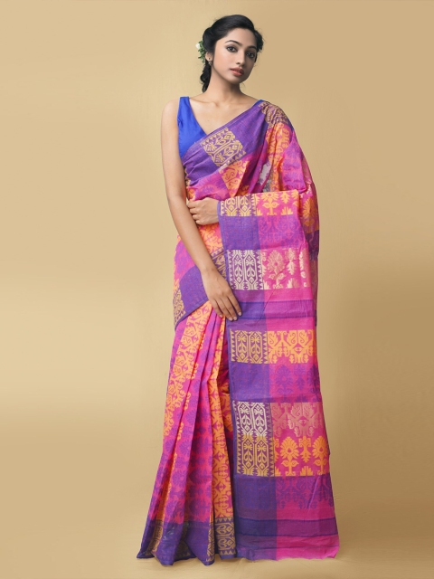 

Unnati Silks Women Pink & Purple Pure Handloom Bengal Tant Cotton Sustainable Saree