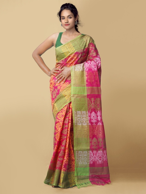 

Unnati Silks Pink & Green Ethnic Motifs Handloom Pure Cotton Taant Saree