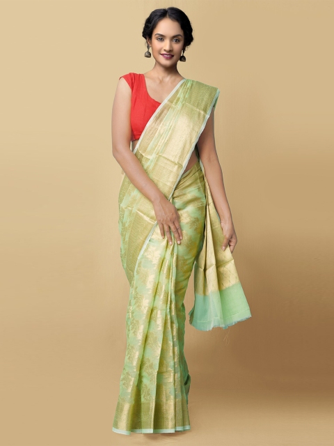 

Unnati Silks Women Green & Gold-Toned Pure Kota Banarasi Sustainable Saree