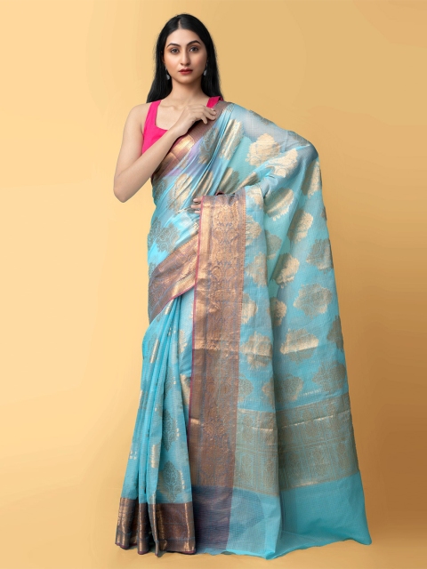 

Unnati Silks Blue & Gold-Toned Ethnic Motifs Silk Cotton Banarasi Saree