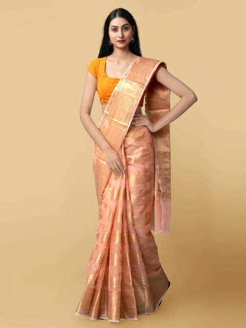 

Unnati Silks Peach-Coloured & Gold-Toned Woven Design Zari Silk Cotton Kota Saree