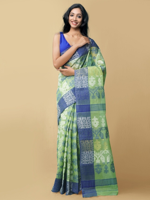 

Unnati Silks Green & Blue Ethnic Motifs Pure Handloom Cotton Taant Saree