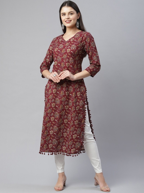 

HERE&NOW Women Maroon Floral Printed Cotton Kurta