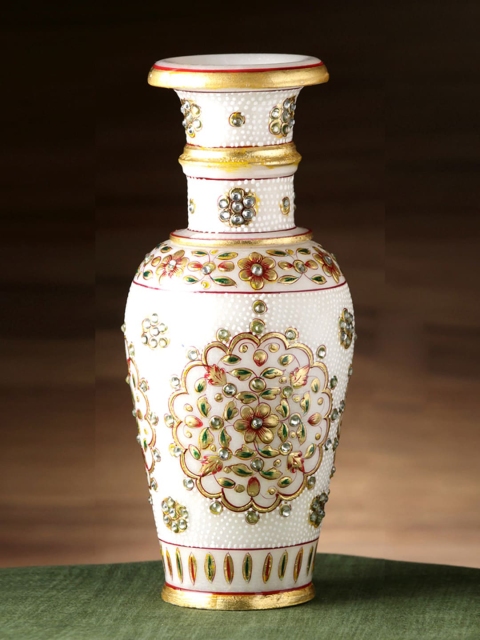 

Aapno Rajasthan White & Gold Pure Marble Vase with Embossed and Kundan Work