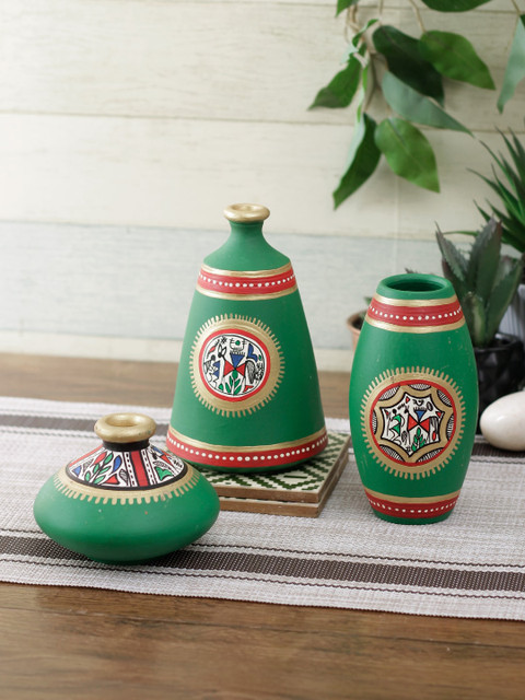 

Aapno Rajasthan Set of 3 Green Warli Art Terracotta Pots