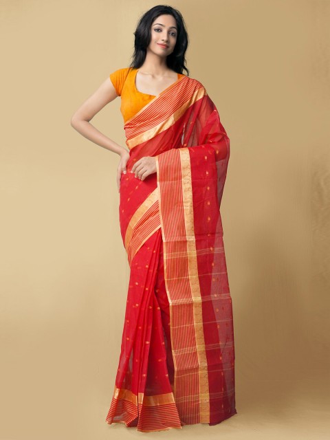

Unnati Silks Red & Yellow Woven Design Zari Pure Cotton Taant Saree