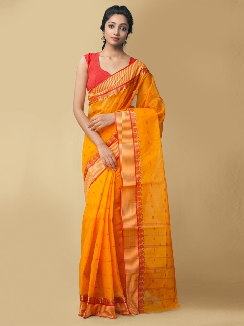 

Unnati Silks Orange & Red Woven Design Zari Pure Cotton Taant Saree