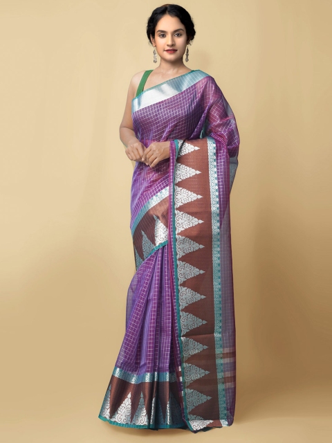

Unnati Silks Violet & Green Checked Zari Silk Cotton Mysore Silk Saree