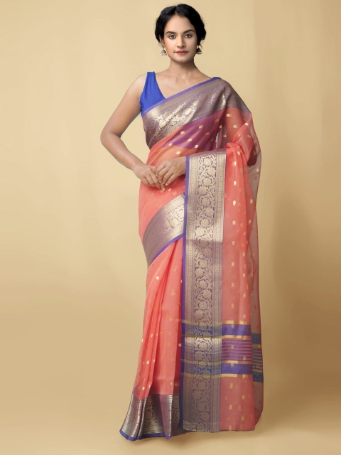 

Unnati Silks Red & Blue Woven Design Zari Silk Cotton Mysore Silk Saree