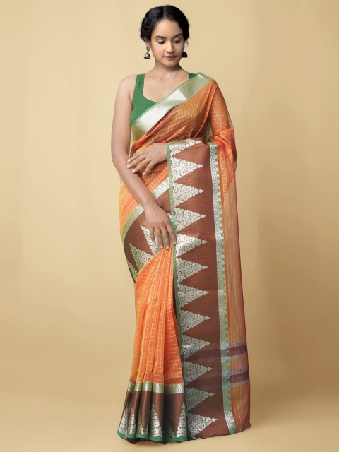 

Unnati Silks Orange & Silver-Toned Woven Design Zari Silk Cotton Mysore Silk Saree