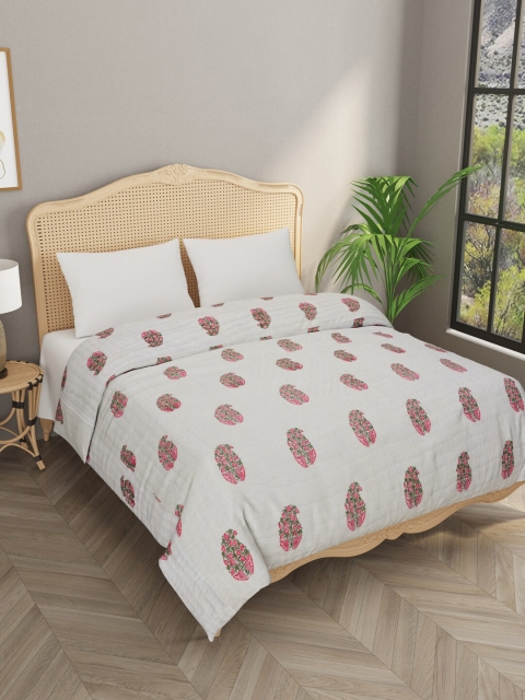 

Gulaab Jaipur White & Pink Ethnic Motifs Heavy Winter 380 GSM Double Bed Quilt