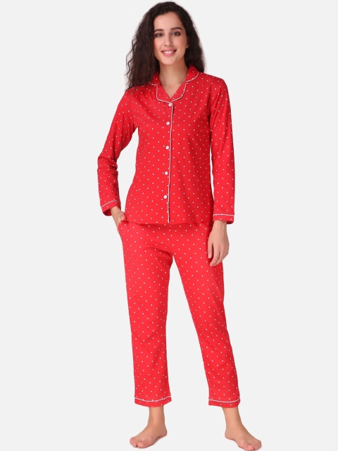 

Masha Women Red & White Polka Dots Printed Pure Cotton 2 Pc Night Suit